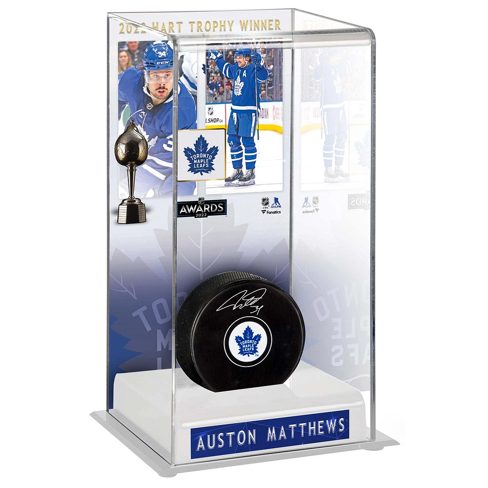 Auston Matthews Toronto Maple Leafs Autographed 2022 Hart Trophy Winner Deluxe Tall Hockey Display Case with Puck