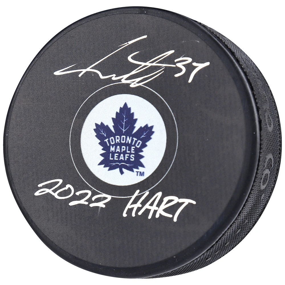 Auston Matthews Toronto Maple Leafs Autographed 2022 Hart Trophy Winner Hockey Puck with ''2022 Hart'' Inscription