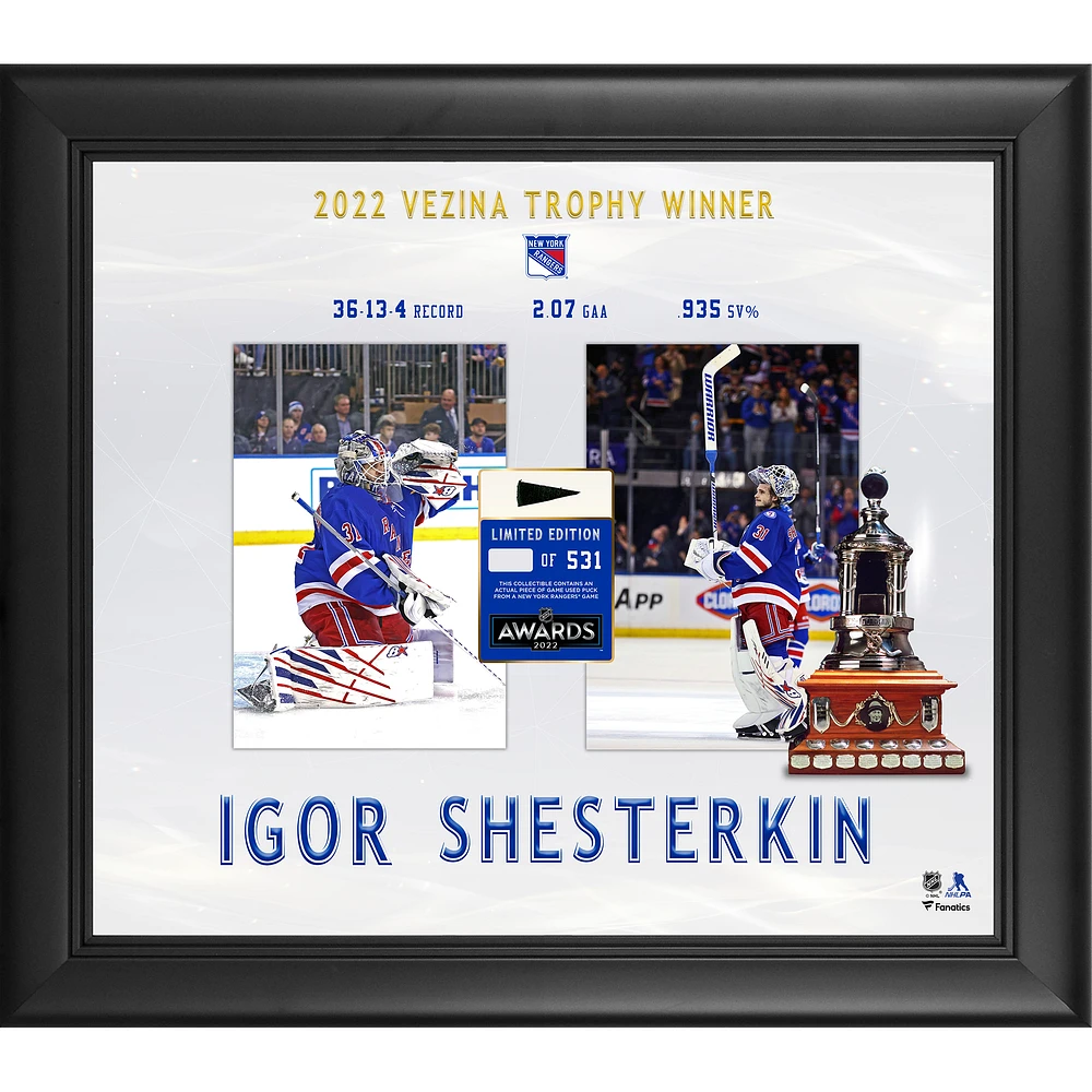 Igor Shesterkin New York Rangers Framed 15'' x 17'' 2022 Vezina Trophy Winner with a Piece of Game-Used Puck - Limited Edition of 531