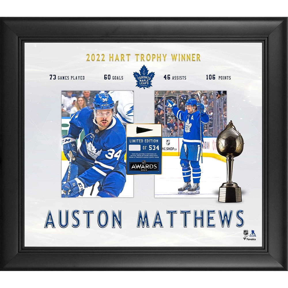 Auston Matthews Toronto Maple Leafs Framed 15'' x 17'' 2022 Hart Trophy Winner with a Piece of Game-Used Puck - Limited Edition of 534