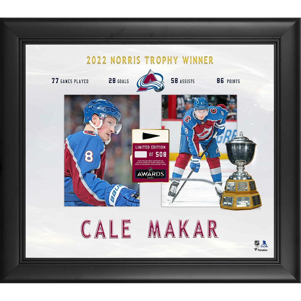 Cale Makar Colorado Avalanche Framed 15'' x 17'' 2022 Norris Trophy Winner with a Piece of Game-Used Puck - Limited Edition of 508