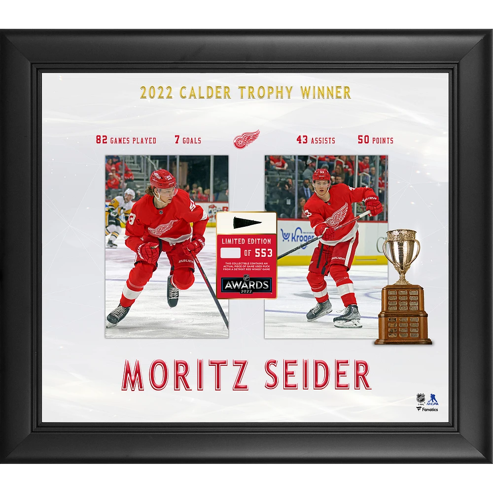 Moritz Seider Detroit Red Wings Framed 15'' x 17'' 2022 Calder Trophy Winner with a Piece of Game-Used Puck - Limited Edition of 553