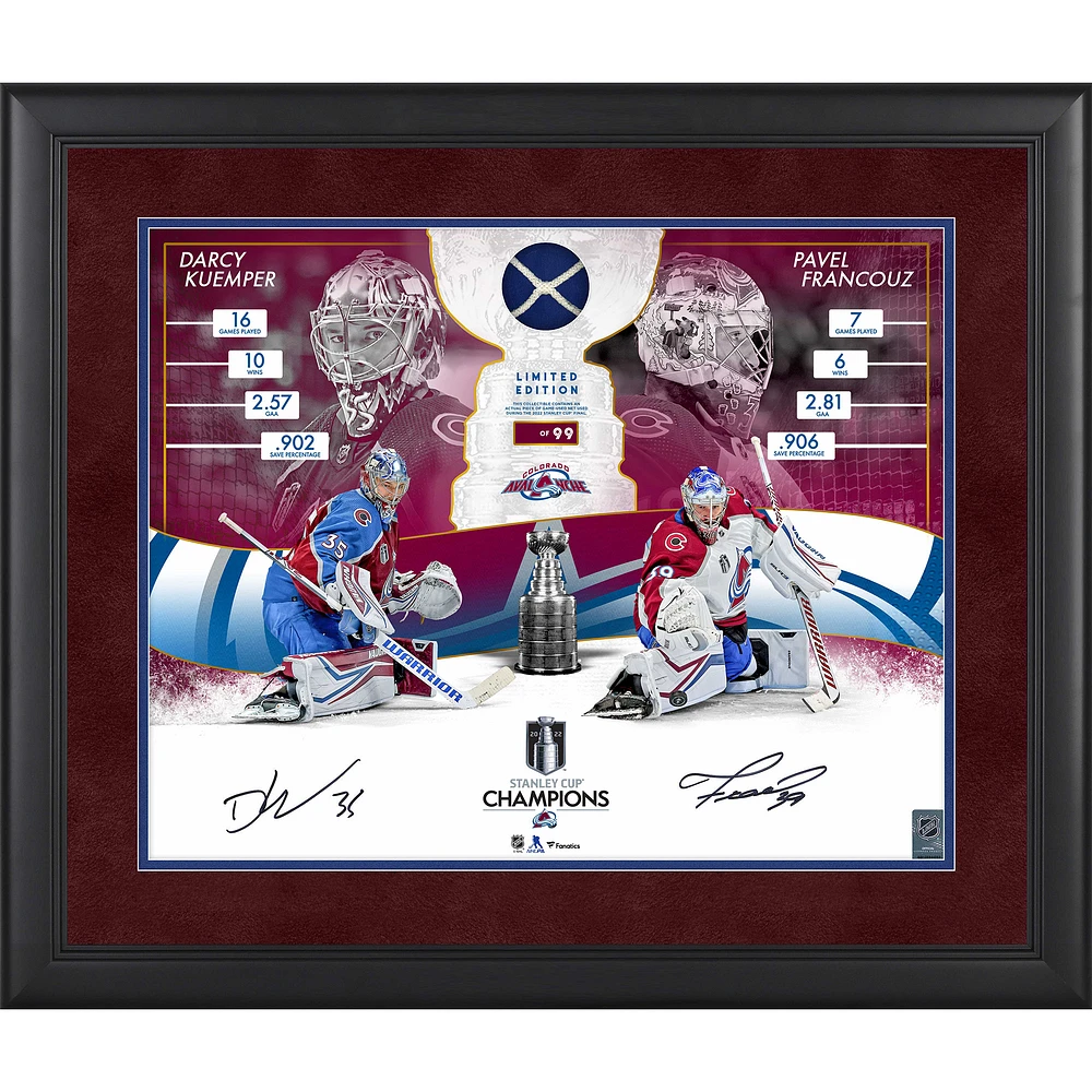 Darcy Kuemper & Pavel Francouz Colorado Avalanche Framed Autographed 2022 Stanley Cup Champions 16" x 20" Collage with a Piece of Game-Used Net from the 2022 Stanley Cup Final - Limited Edition of 99