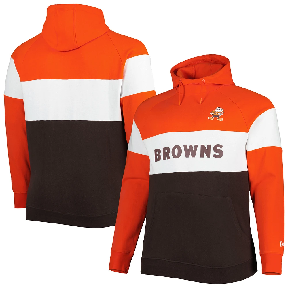 Men's New Era Orange/Brown Cleveland Browns Big & Tall Throwback Colorblock Fleece Raglan Pullover Hoodie