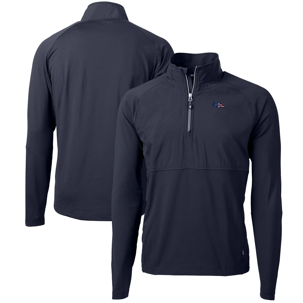 Men's Cutter & Buck Navy Denver Broncos Adapt Eco Knit Hybrid Recycled Quarter-Zip Pullover Top