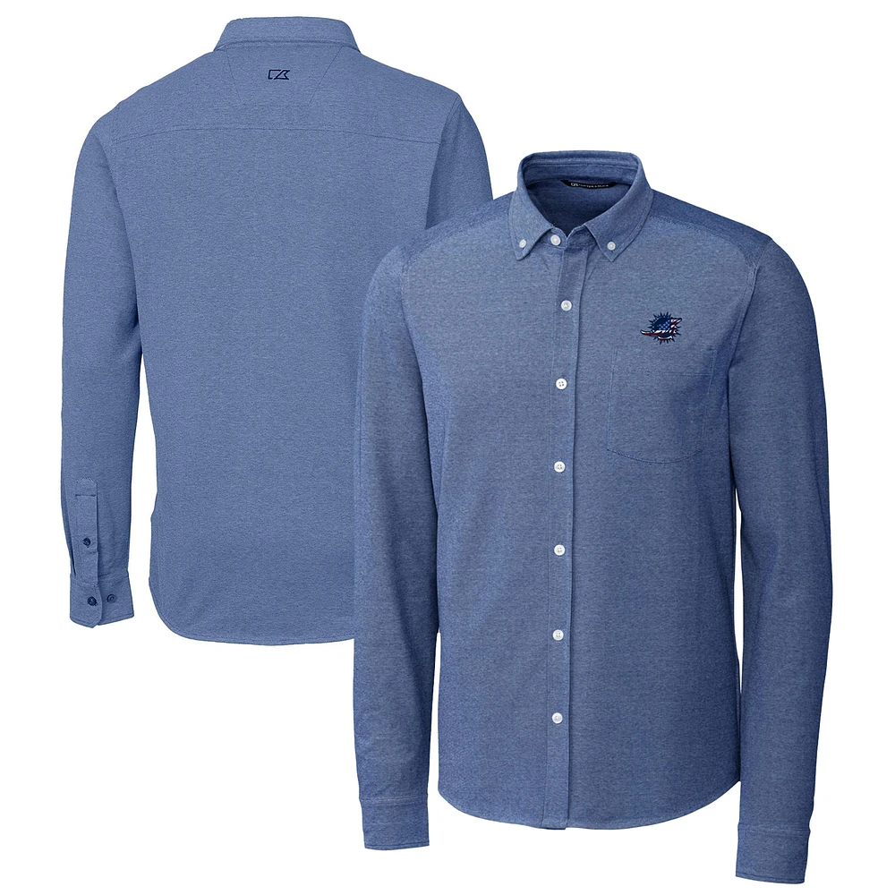 Men's Cutter & Buck Blue Miami Dolphins Advantage Tri-Blend Pique Long Sleeve Button-Down Shirt