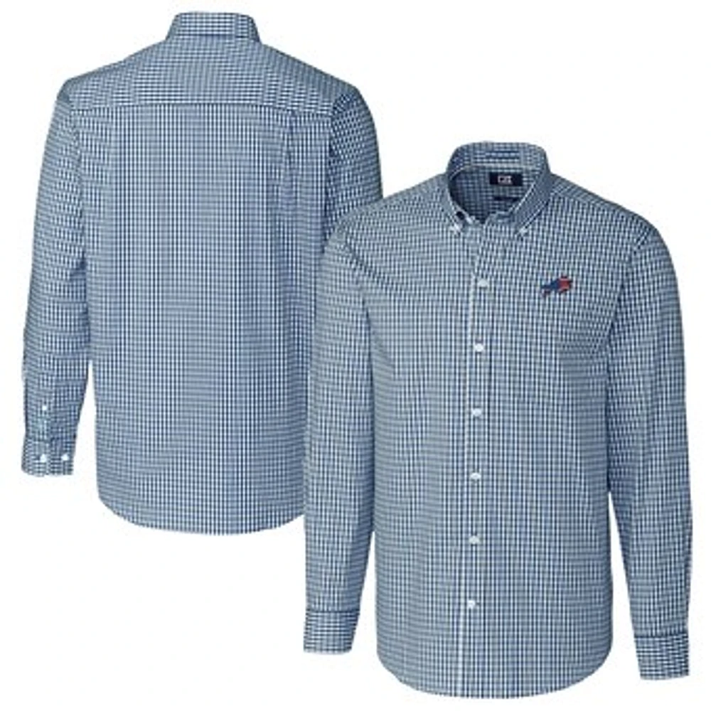 Men's Cutter & Buck Navy Buffalo Bills Easy Care Stretch Gingham Big Tall Long Sleeve Button-Down Shirt