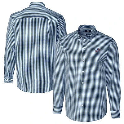 Men's Cutter & Buck Navy Detroit Lions Easy Care Stretch Gingham Big Tall Long Sleeve Button-Down Shirt