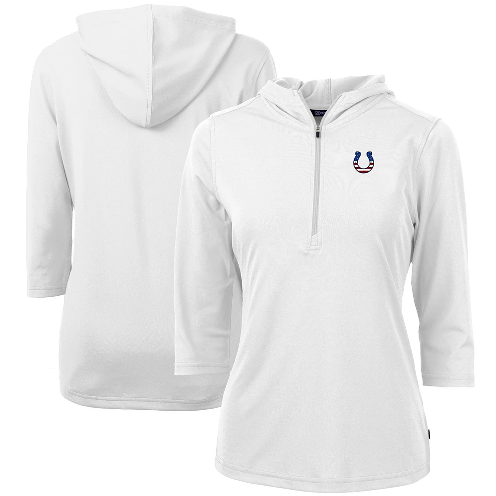 Women's Cutter & Buck White Indianapolis Colts Virtue Eco Pique 3/4 Sleeve Half-Zip Pullover Hoodie