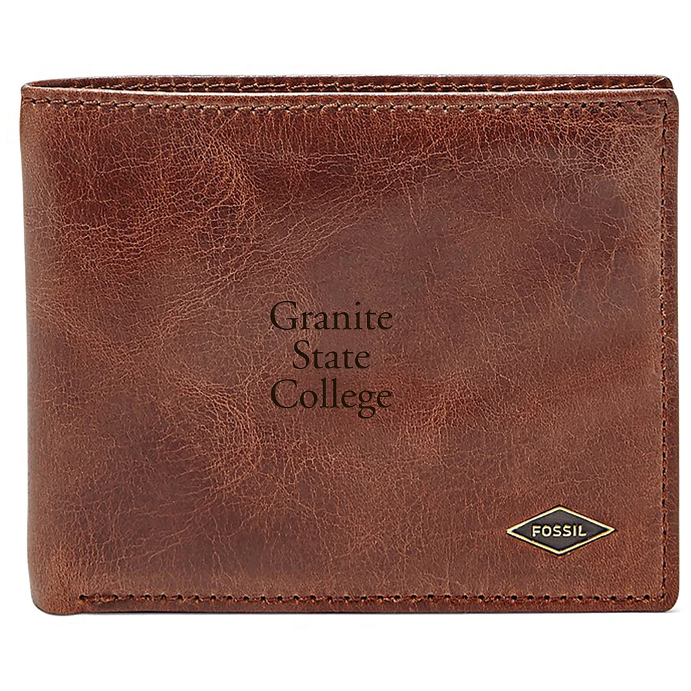 Men's Fossil Brown Granite State College Leather Ryan RFID Flip ID Bifold Wallet
