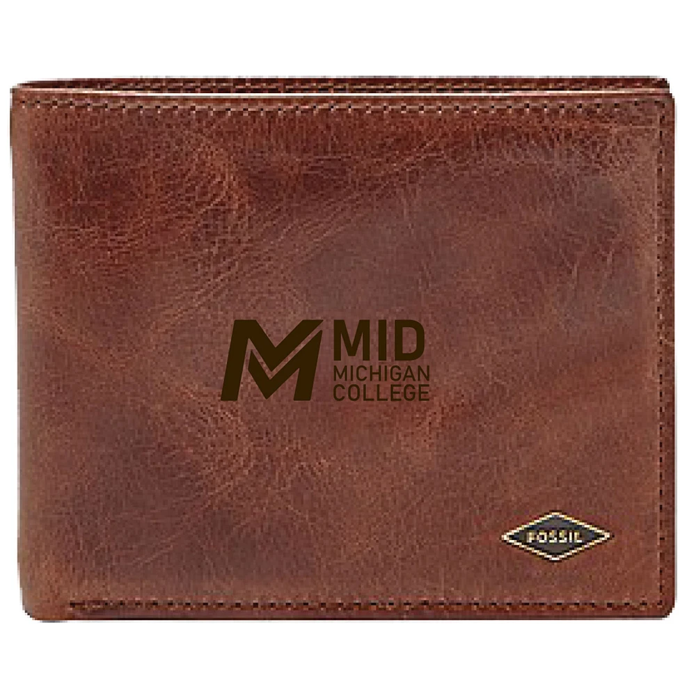 Men's Fossil Brown Mid Michigan College Leather Ryan RFID Flip ID Bifold Wallet