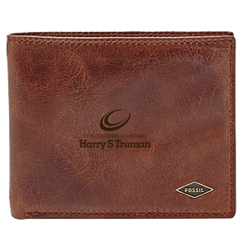 Men's Fossil Brown Harry S Truman College Falcons Leather Ryan RFID Flip ID Bifold Wallet
