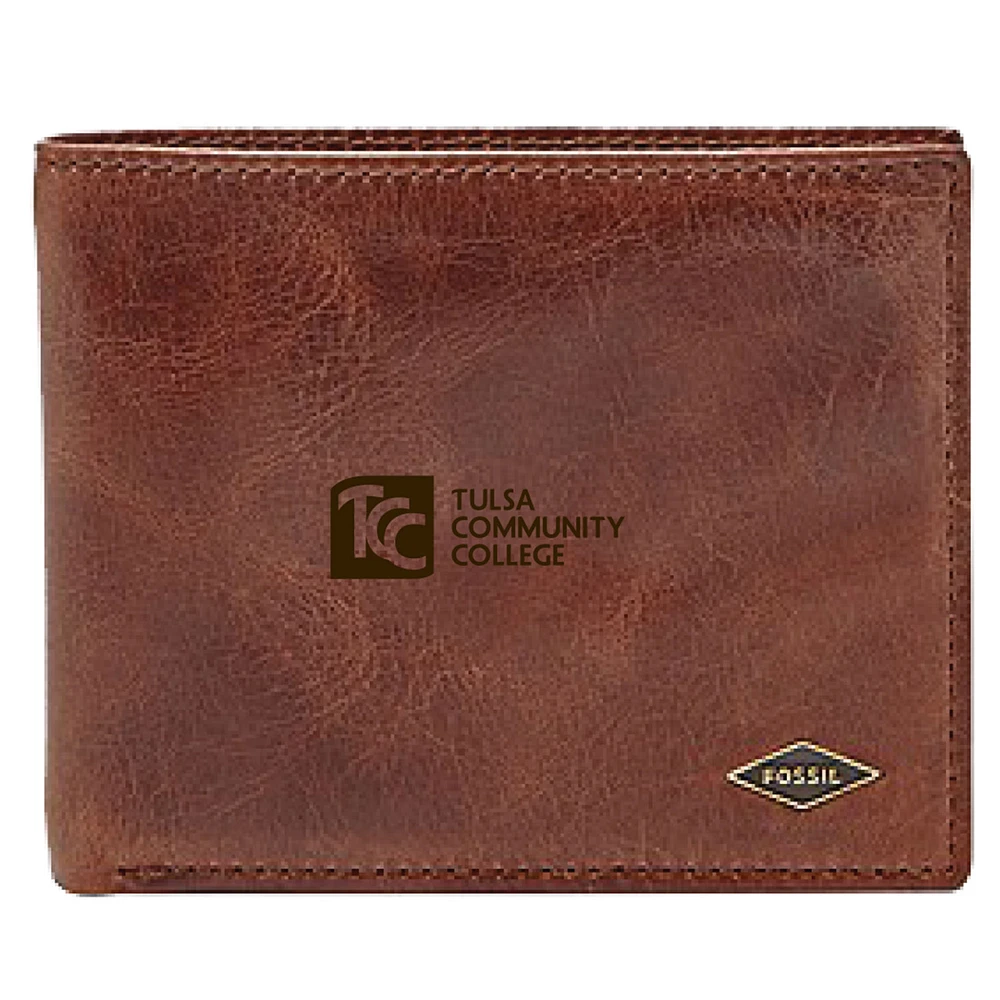 Men's Fossil Brown Tulsa Community College Leather Ryan RFID Flip ID Bifold Wallet