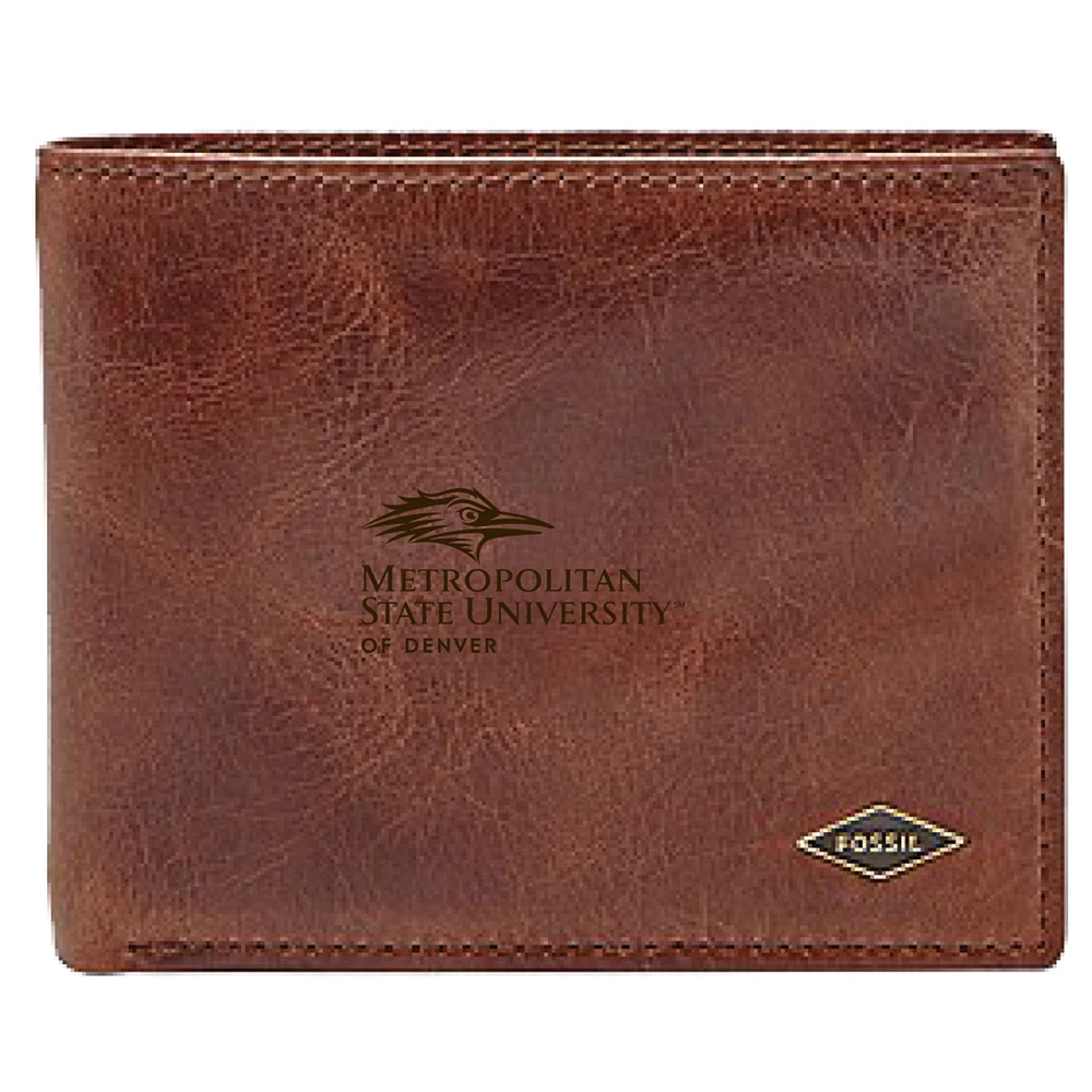 Men's Fossil Brown MSU Denver Roadrunners Leather Ryan RFID Flip ID Bifold Wallet