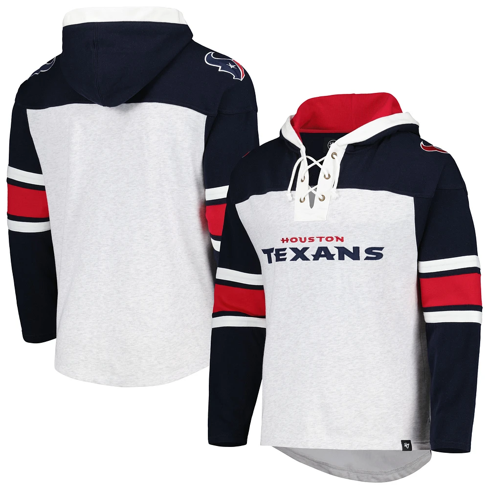 Men's '47 Houston Texans Heather Gray Gridiron Lace-Up Pullover Hoodie