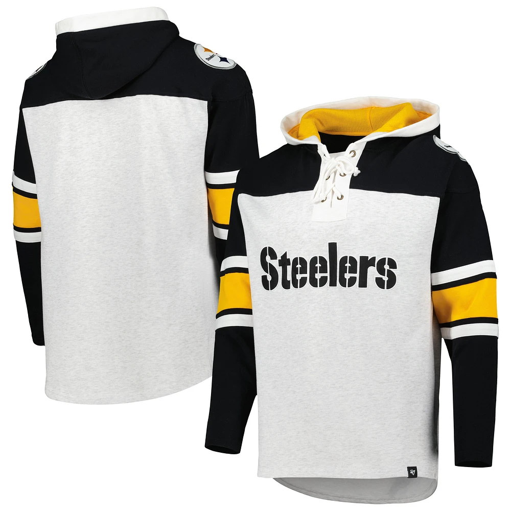 Men's '47 Pittsburgh Steelers Heather Gray Gridiron Lace-Up Pullover Hoodie