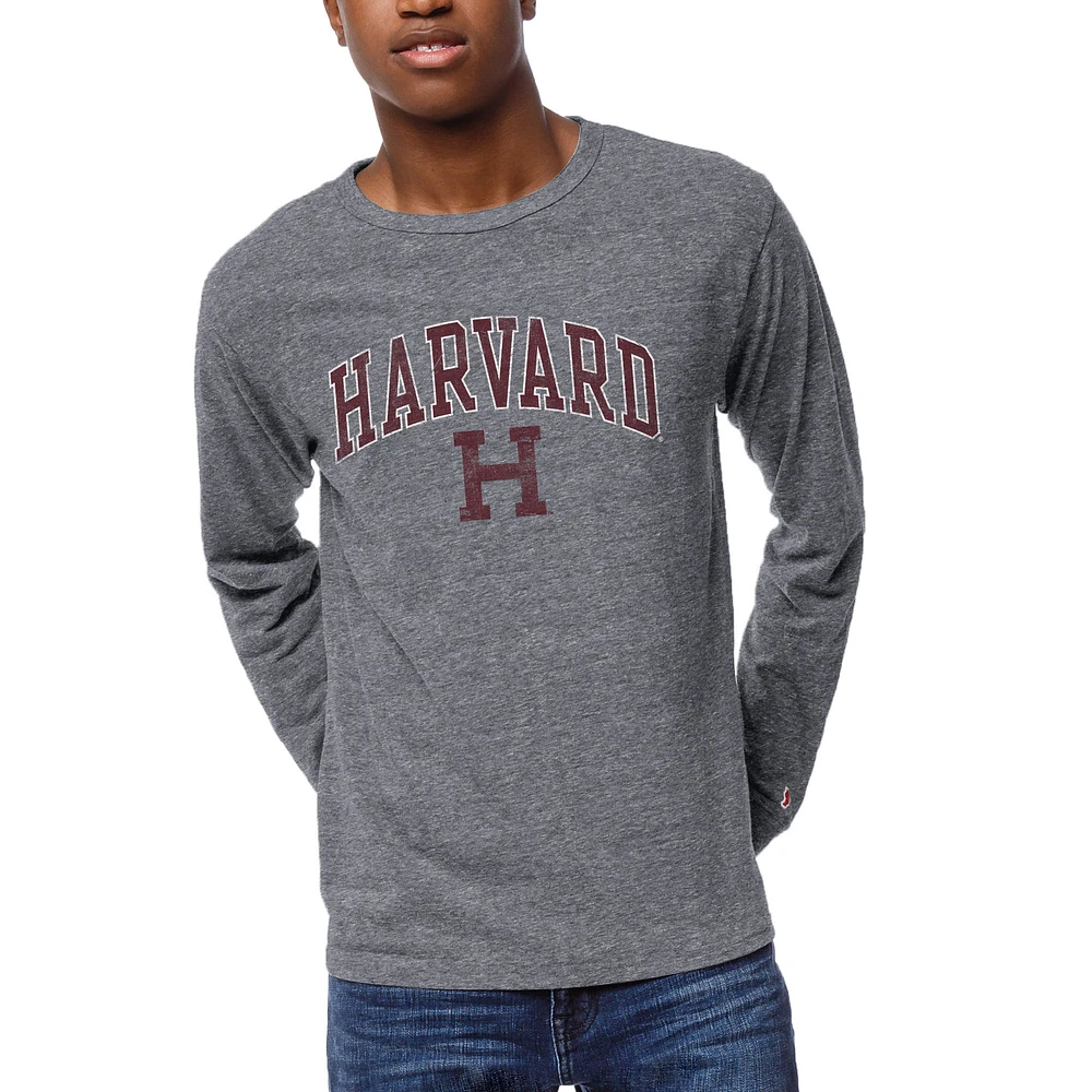 Men's League Collegiate Wear Heather Gray Harvard Crimson 1965 Victory Falls Long Sleeve Tri-Blend T-Shirt