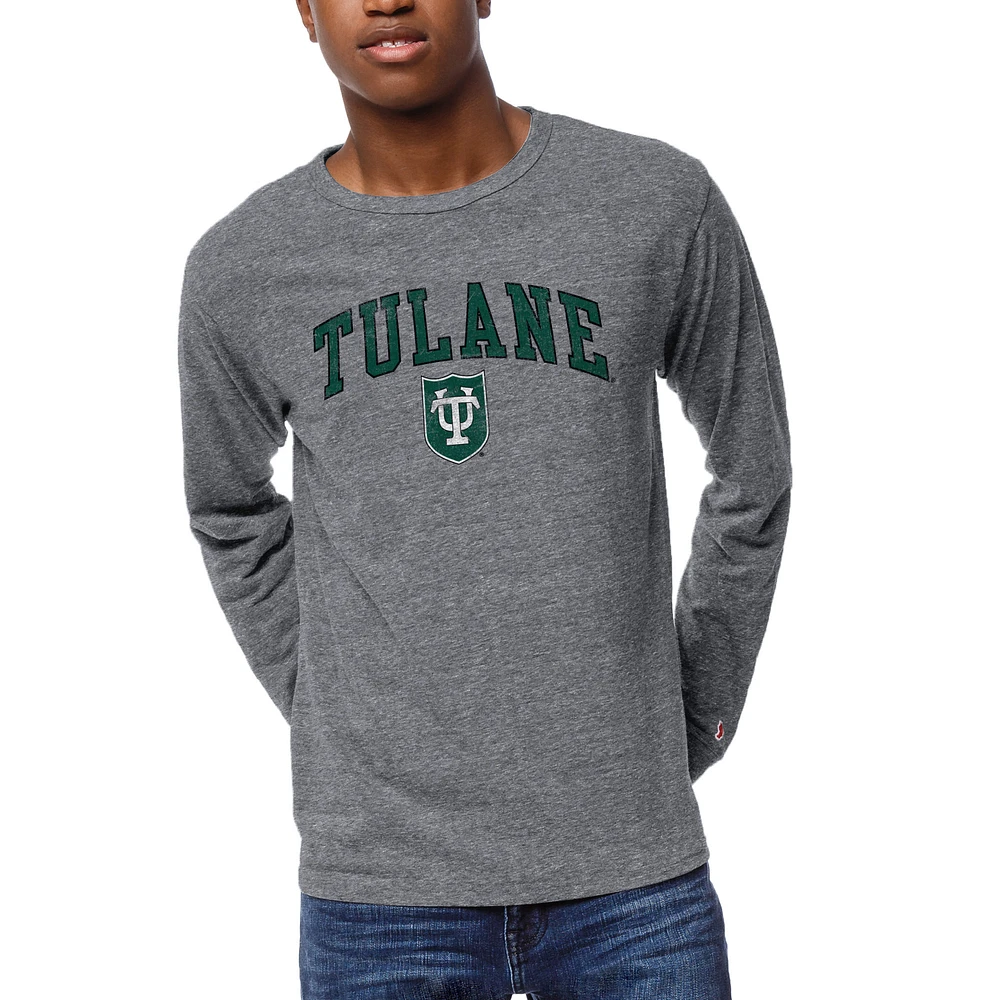 Men's League Collegiate Wear Heather Gray Tulane Green Wave 1965 Victory Falls Long Sleeve Tri-Blend T-Shirt
