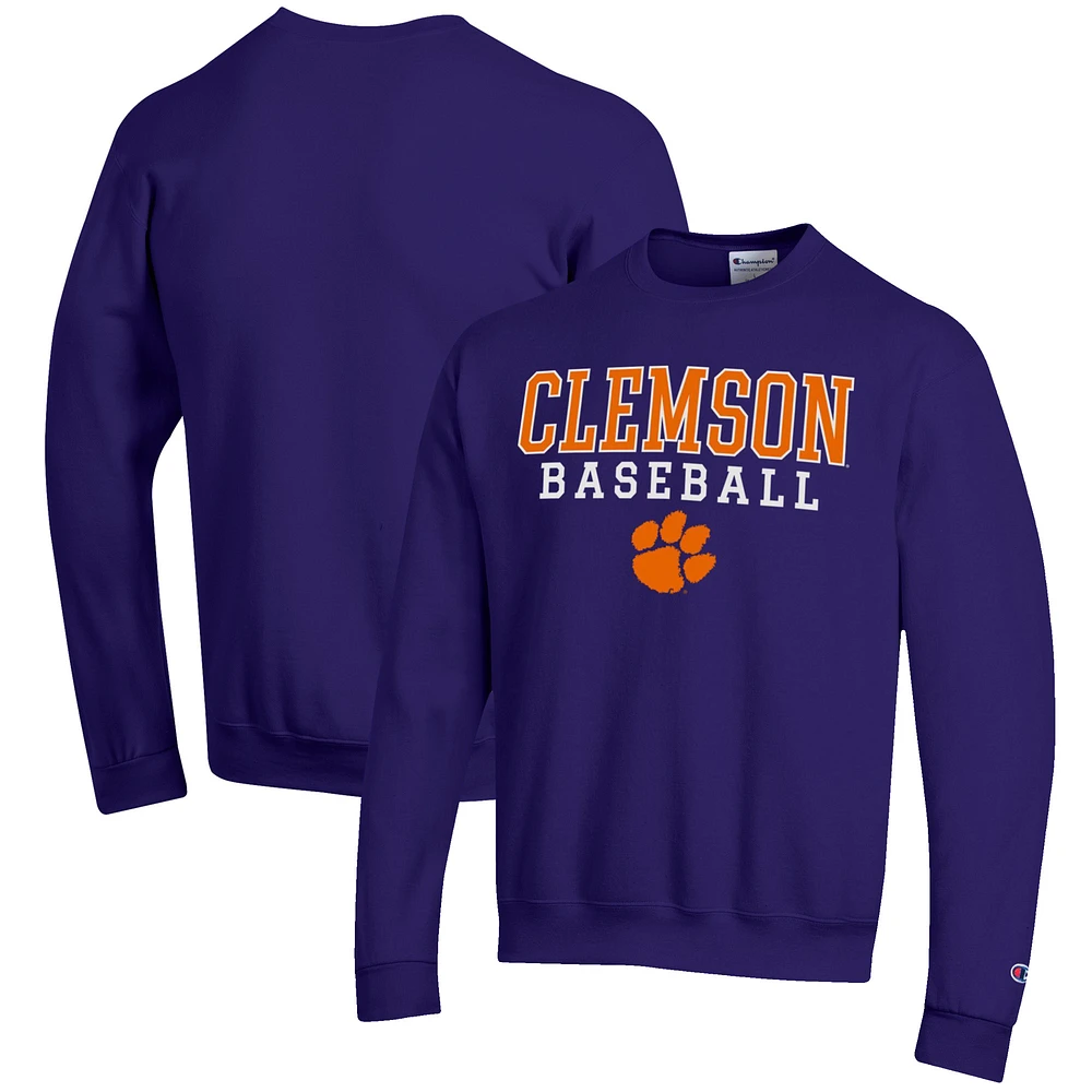 Men's Champion Purple Clemson Tigers Baseball Stack Pullover Crewneck Sweatshirt