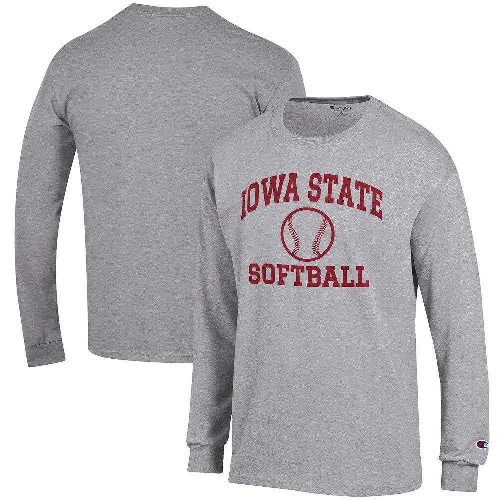 Men's Champion Gray Iowa State Cyclones Softball Icon Long Sleeve T-Shirt