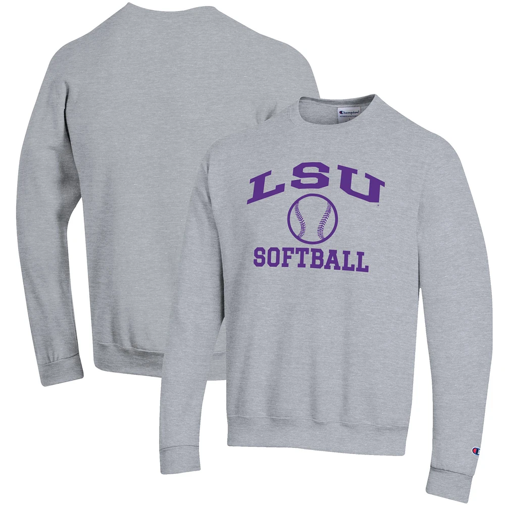 Men's Champion Gray LSU Tigers Softball Icon Crewneck Pullover Sweatshirt