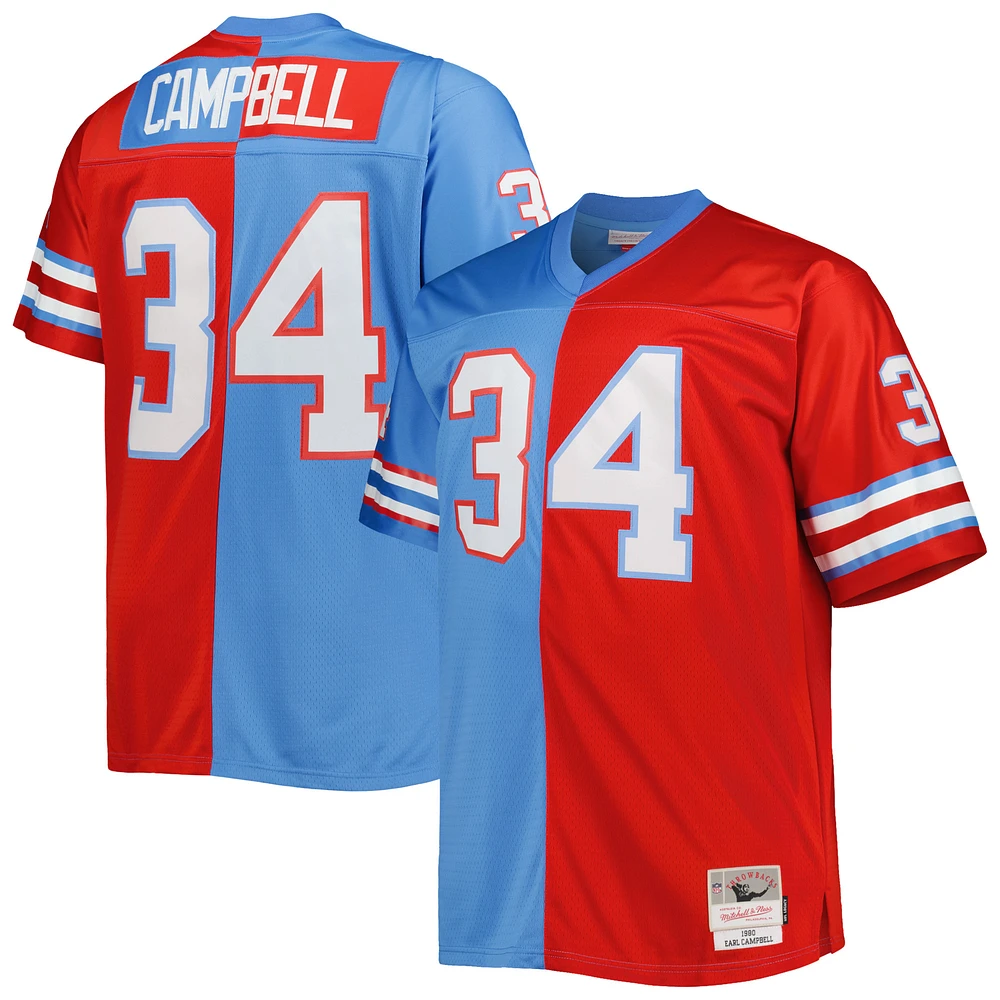 Men's Mitchell & Ness Earl Campbell Light Blue/Red Houston Oilers Big Tall Gridiron Classics Split Legacy Retired Player Replica Jersey