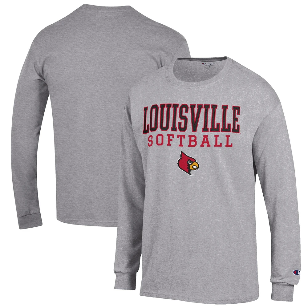 Men's Champion Gray Louisville Cardinals Softball Stack Long Sleeve T-Shirt