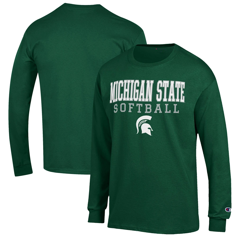 Men's Champion Green Michigan State Spartans Softball Stack Long Sleeve T-Shirt