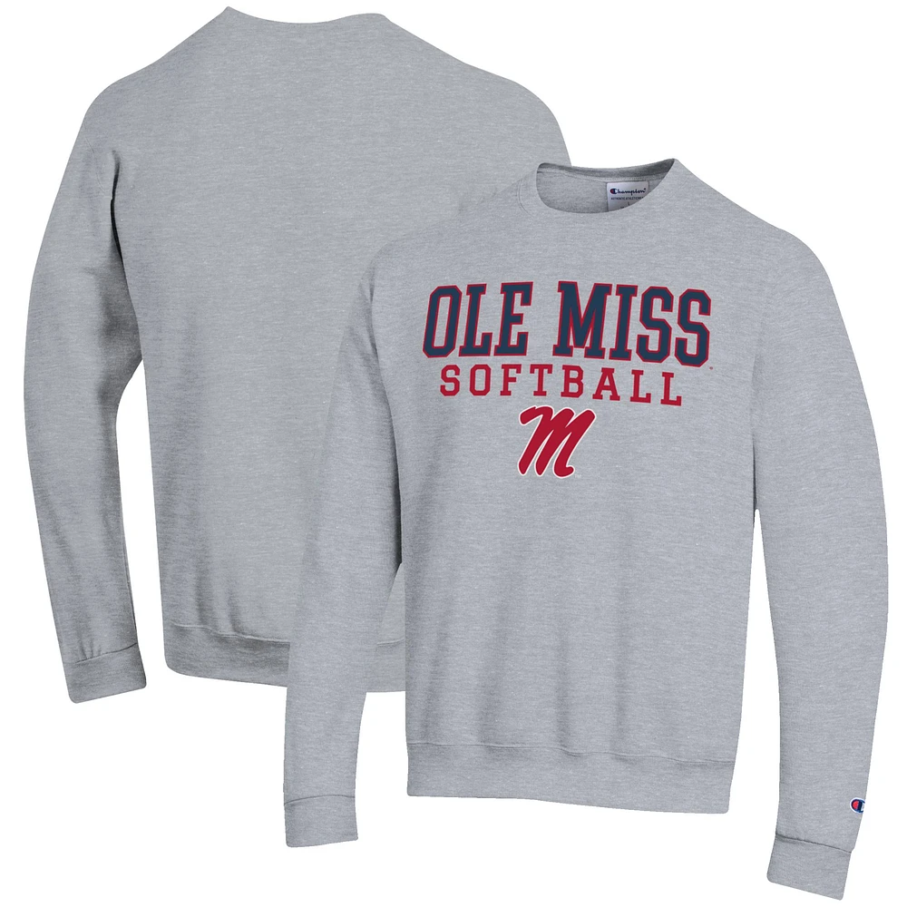 Men's Champion Gray Ole Miss Rebels Softball Stack Pullover Crewneck Sweatshirt