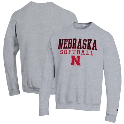 Men's Champion Gray Nebraska Huskers Softball Stack Pullover Crewneck Sweatshirt