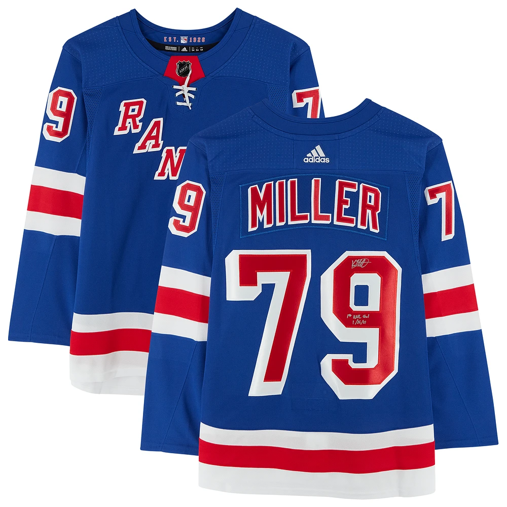K'Andre Miller Blue New York Rangers Autographed adidas Authentic Jersey with "1st NHL Goal 1/26/21" Inscription