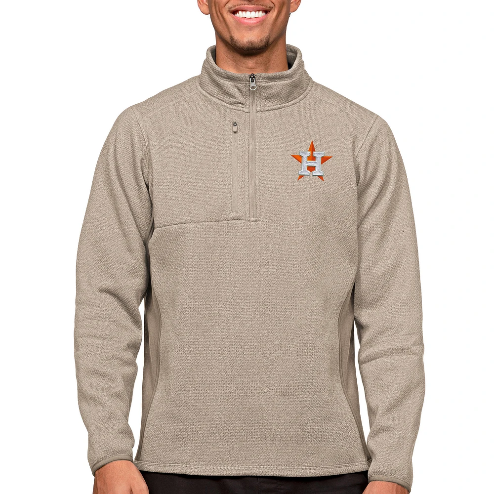 Men's Antigua Oatmeal Houston Astros Course Quarter-Zip Pullover Top