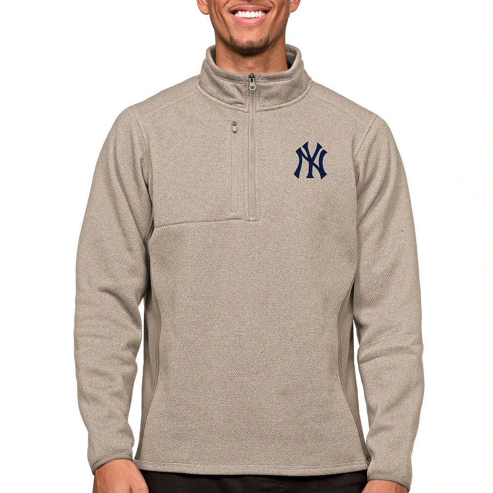 Men's Antigua Oatmeal New York Yankees Course Quarter-Zip Pullover Top