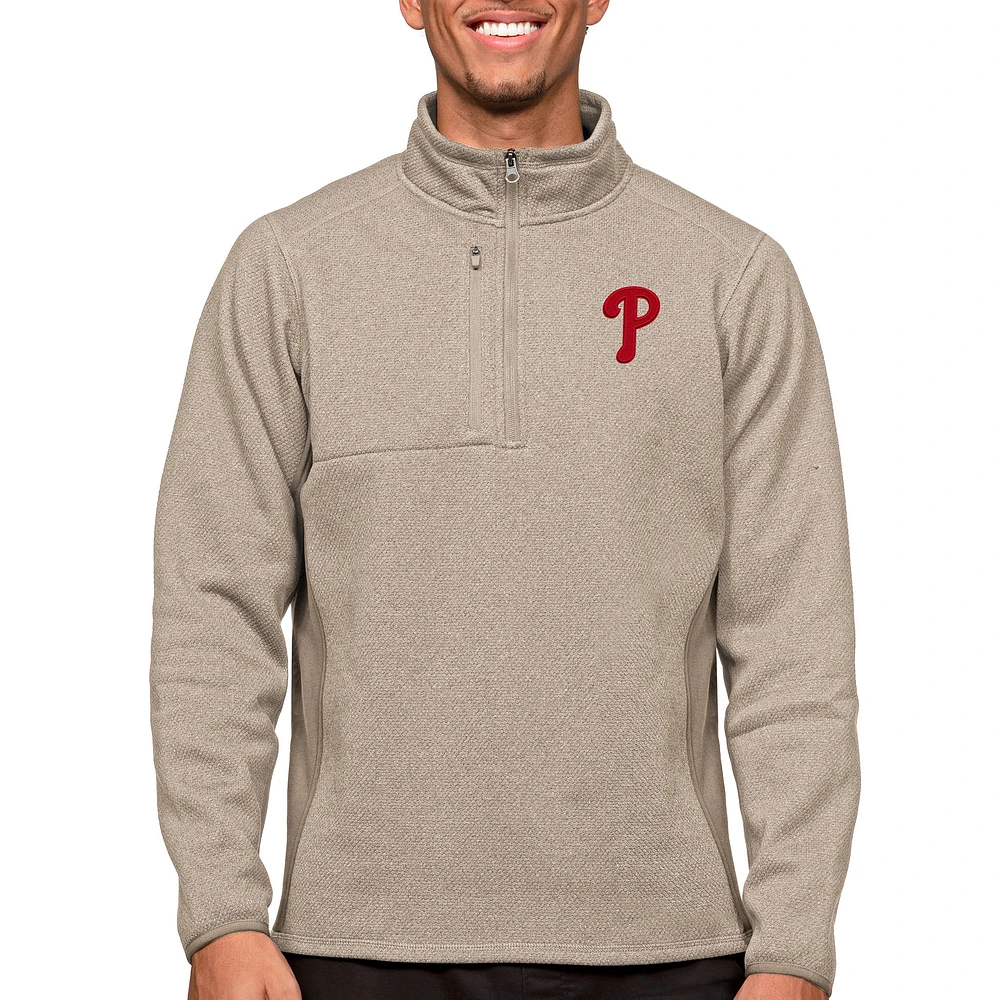 Men's Antigua Oatmeal Philadelphia Phillies Course Quarter-Zip Pullover Top