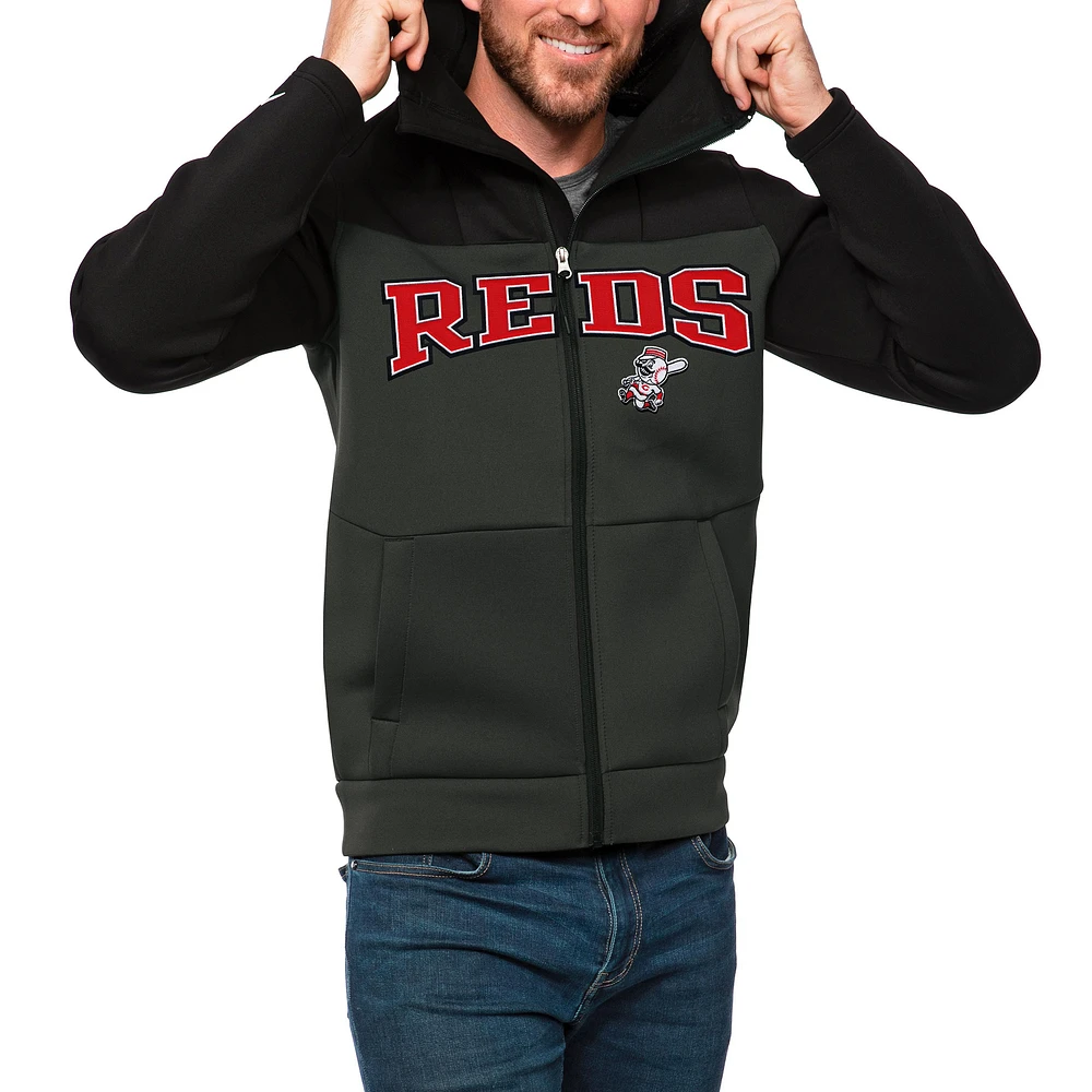 Men's Antigua Black/Charcoal Cincinnati Reds Wordmark Protect Full-Zip Hoodie