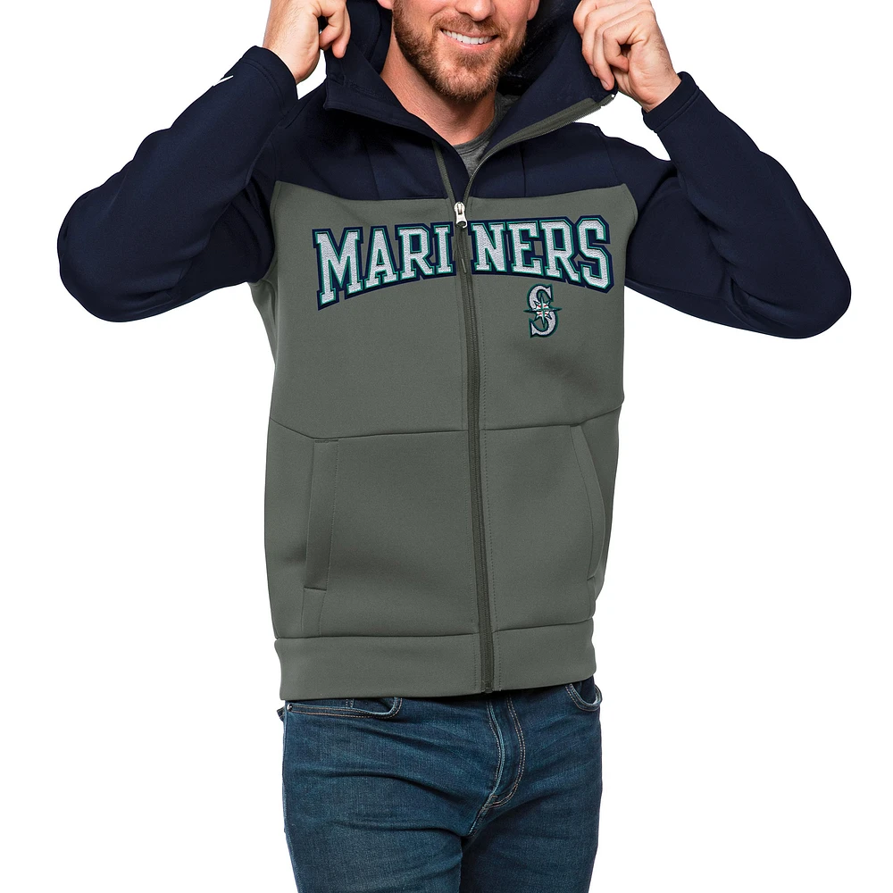 Men's Antigua Navy/Steel Seattle Mariners Wordmark Protect Full-Zip Hoodie