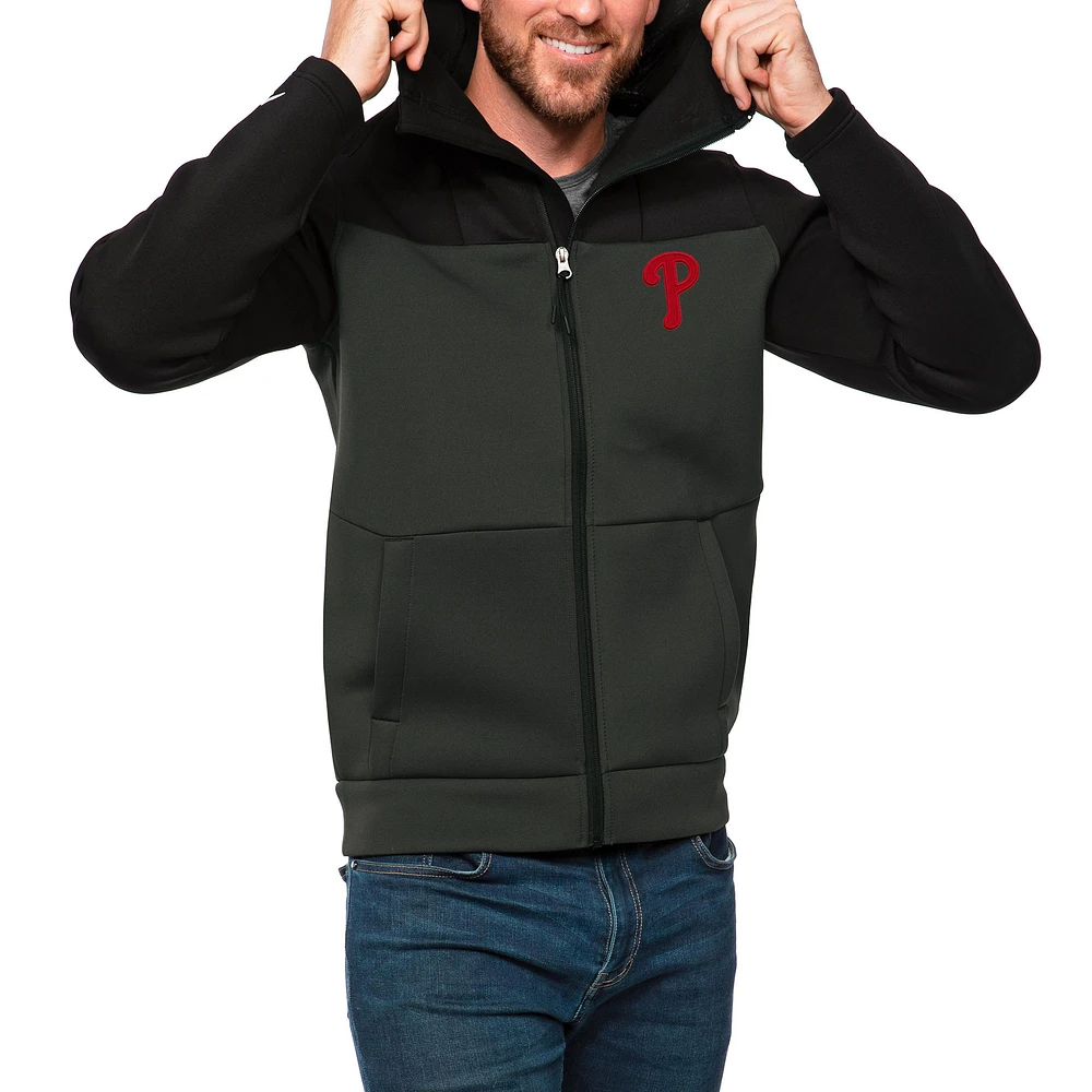 Men's Antigua Black/Charcoal Philadelphia Phillies Protect Full-Zip Hoodie