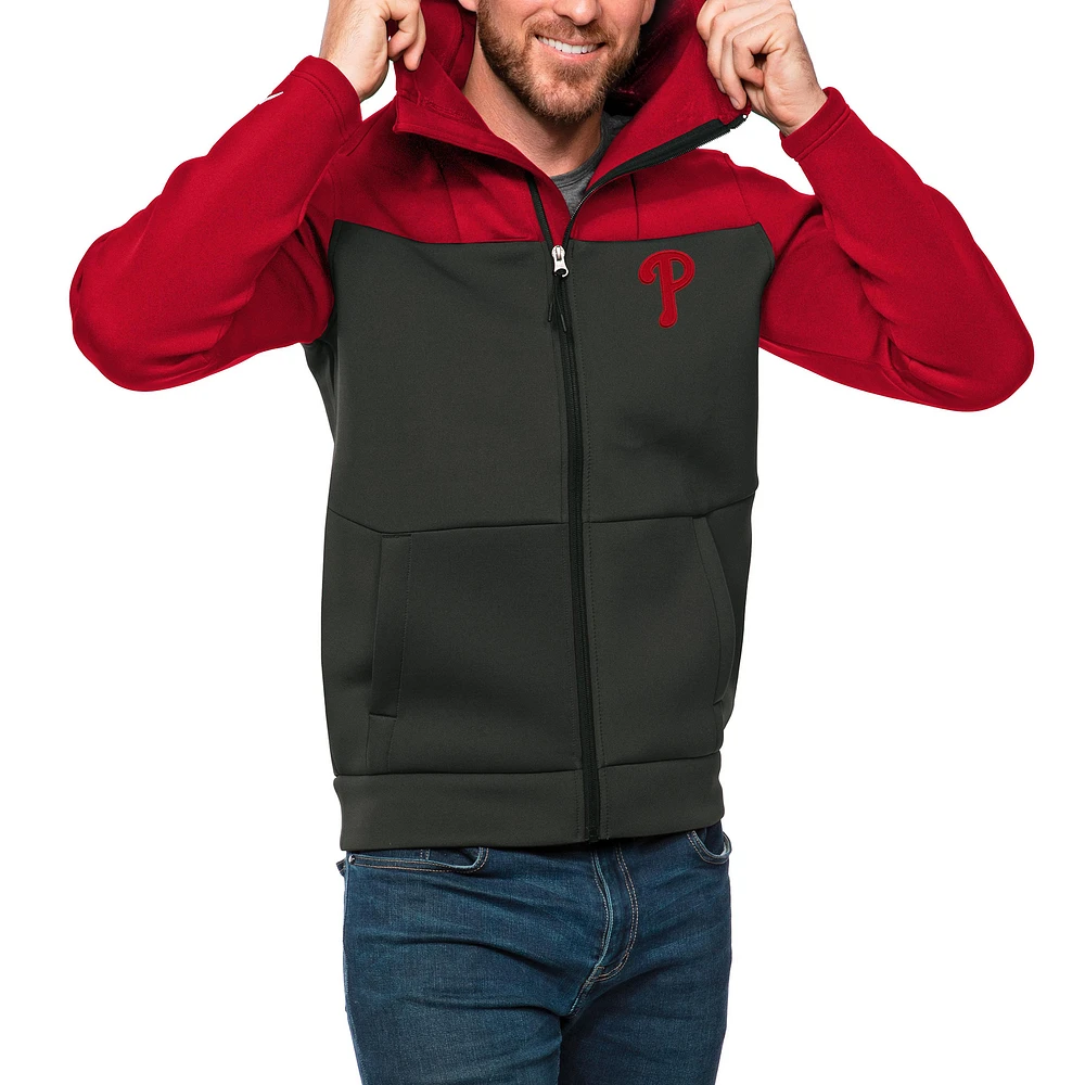Men's Antigua Red/Charcoal Philadelphia Phillies Protect Full-Zip Hoodie