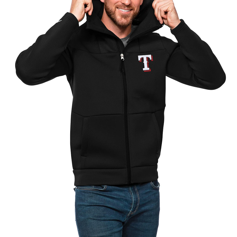 Men's Antigua Black Texas Rangers Protect Full-Zip Hoodie