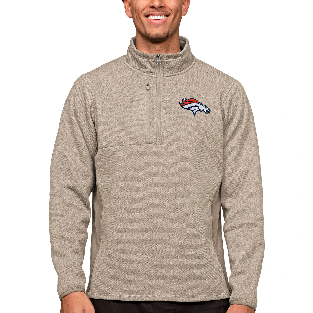 Men's Antigua Oatmeal Denver Broncos Course Quarter-Zip Pullover Top