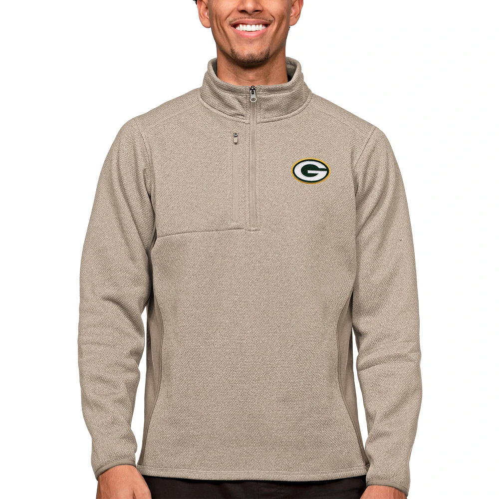 Men's Antigua Oatmeal Green Bay Packers Course Quarter-Zip Pullover Top