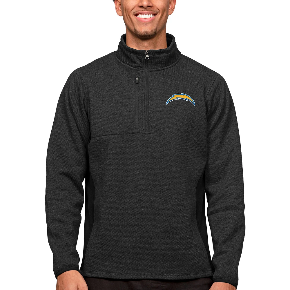 Men's Antigua Heathered Black Los Angeles Chargers Course Quarter-Zip Pullover Top