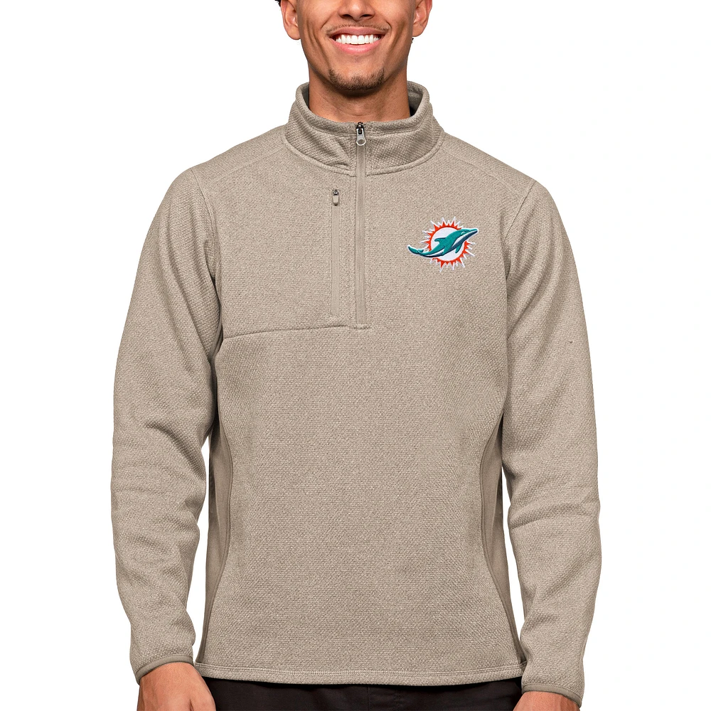 Men's Antigua Oatmeal Miami Dolphins Course Quarter-Zip Pullover Top