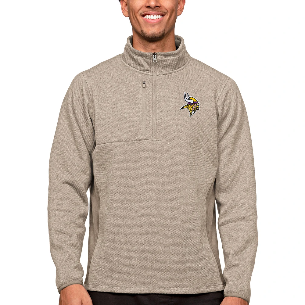 Men's Antigua Oatmeal Minnesota Vikings Course Quarter-Zip Pullover Top