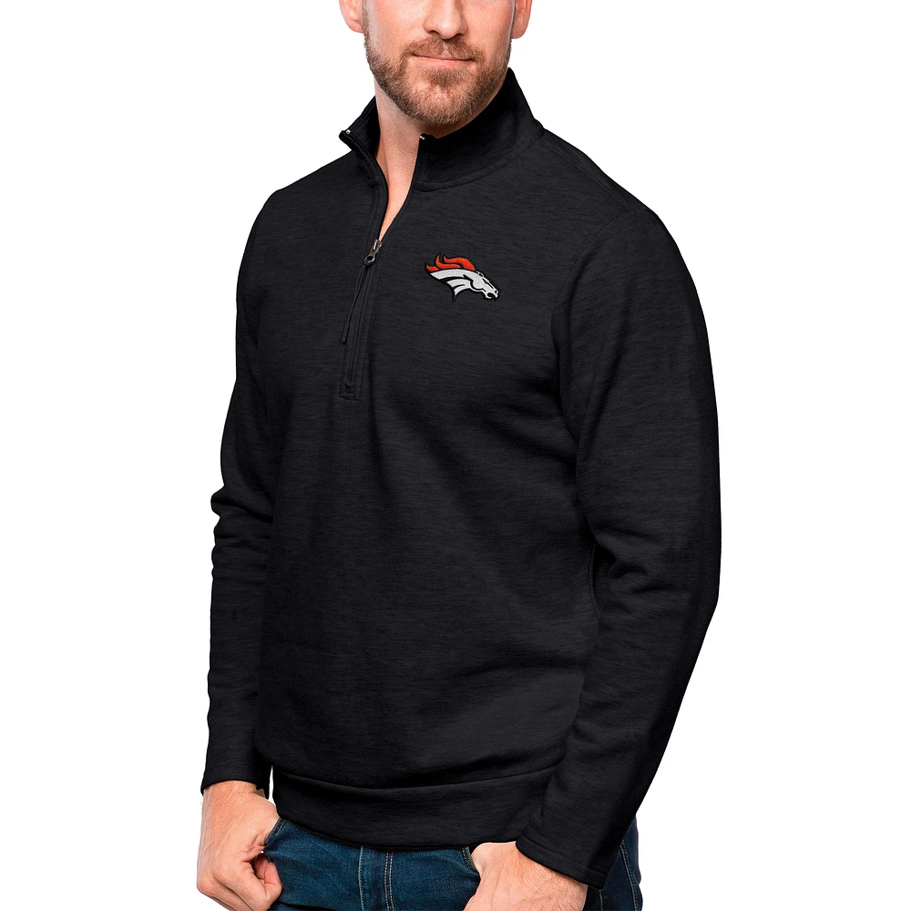 Men's Antigua Heathered Black Denver Broncos Gambit Quarter-Zip Pullover Top