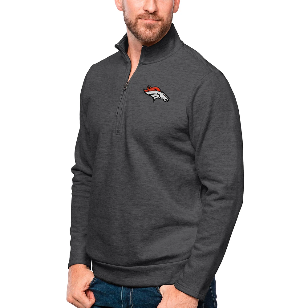 Men's Antigua Heathered Charcoal Denver Broncos Gambit Quarter-Zip Pullover Top