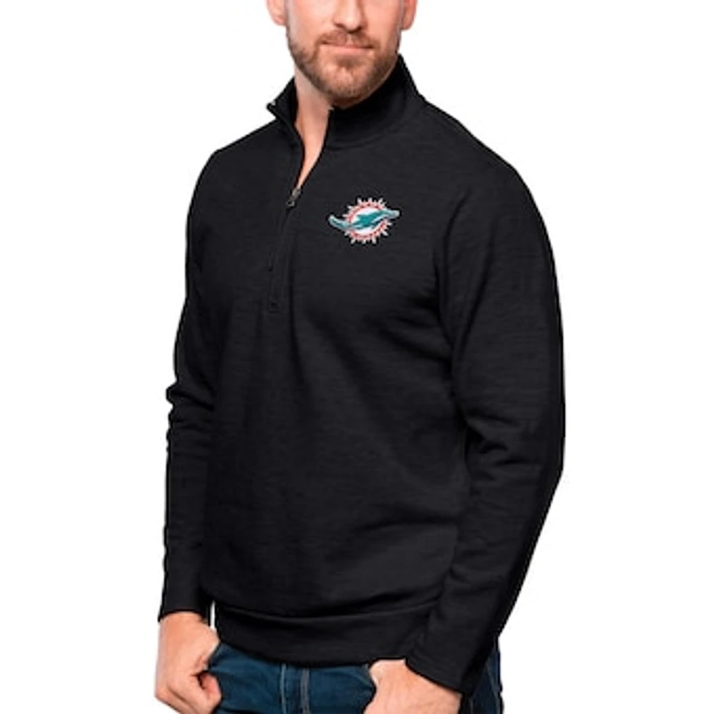 Men's Antigua Heathered Black Miami Dolphins Gambit Quarter-Zip Pullover Top
