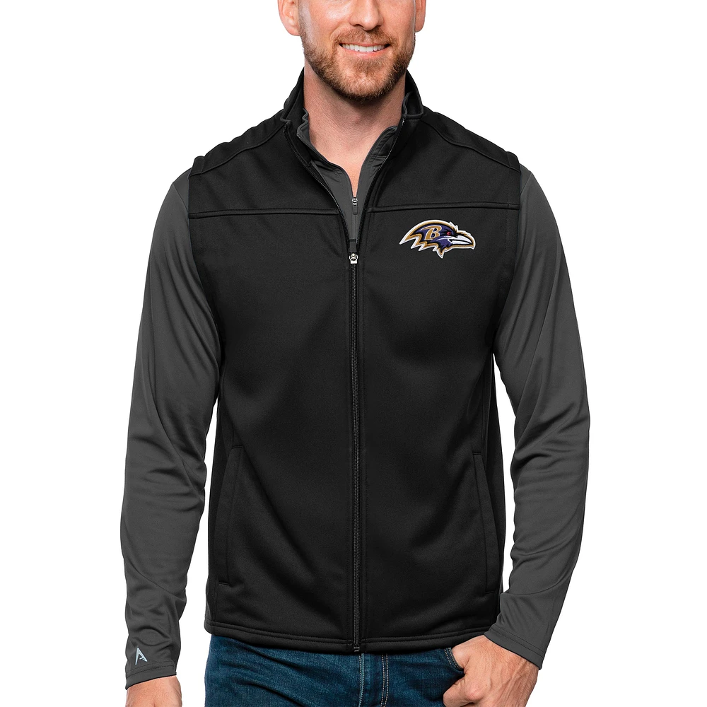 Men's Antigua Black Baltimore Ravens Links Full-Zip Golf Vest