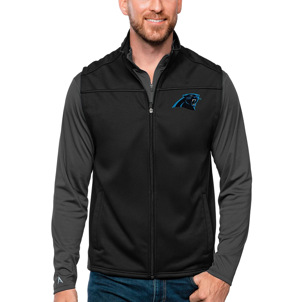 Men's Antigua Black Carolina Panthers Links Full-Zip Golf Vest