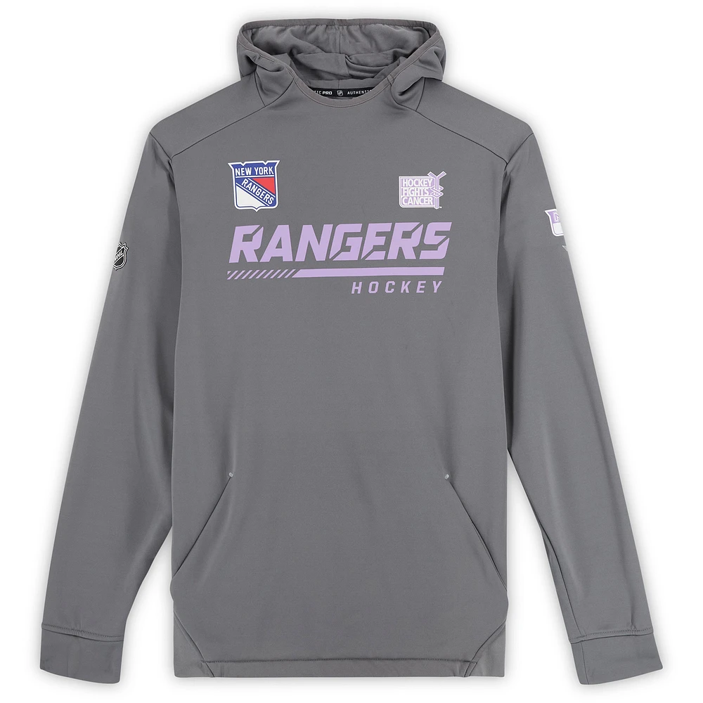 Alexis Lafreniere New York Rangers Player-Worn Gray "Hockey Fights Cancer" Hoodie from the 2021-22 NHL Season